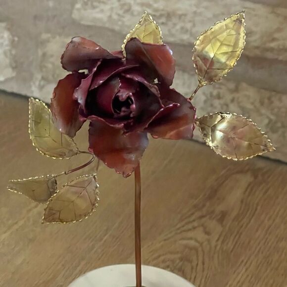 Vintage Single Rose Stem Painted Brass Copper Brutalist Metal Art Marble Base - Picture 9 of 16